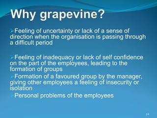Feeling of uncertainty or lack of a sense of
direction when the organisation is passing through
a difficult period
Feeling of inadequacy or lack of self confidence
on the part of the employees, leading to the
formation of groups
Formation of a favoured group by the manager,
giving other employees a feeling of insecurity or
isolation
Personal problems of the employees
24
 