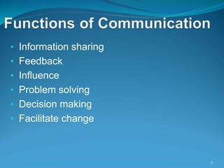 • Information sharing
• Feedback
• Influence
• Problem solving
• Decision making
• Facilitate change
5
 