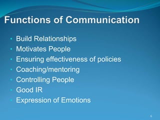 • Build Relationships
• Motivates People
• Ensuring effectiveness of policies
• Coaching/mentoring
• Controlling People
• Good IR
• Expression of Emotions
6
 