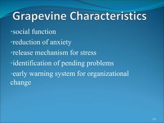•social function
•reduction of anxiety
•release mechanism for stress
•identification of pending problems
•early warning system for organizational
change
19
 