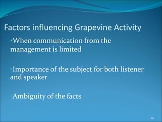 •When communication from the
management is limited
•Importance of the subject for both listener
and speaker
•Ambiguity of the facts
26
Factors influencing Grapevine Activity
 