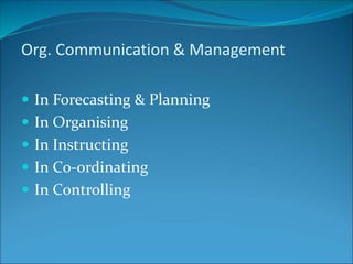 Org. Communication & Management
 In Forecasting & Planning
 In Organising
 In Instructing
 In Co-ordinating
 In Controlling
 