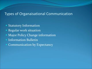 Types of Organaisational Communication
 Statutory Information
 Regular work situation
 Major Policy Change information
 Information Bulletin
 Communication by Expectancy
 