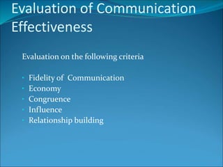 Evaluation of Communication
Effectiveness
Evaluation on the following criteria
• Fidelity of Communication
• Economy
• Congruence
• Influence
• Relationship building
 
