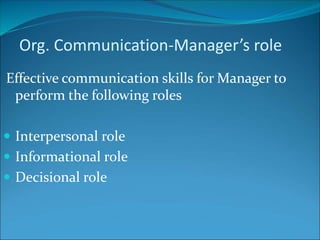 Org. Communication-Manager’s role
Effective communication skills for Manager to
perform the following roles
 Interpersonal role
 Informational role
 Decisional role
 