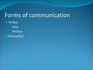 Forms of communication
 Verbal
 Oral
 Written
 Nonverbal
 