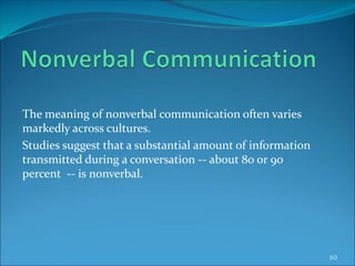 The meaning of nonverbal communication often varies
markedly across cultures.
Studies suggest that a substantial amount of information
transmitted during a conversation -- about 80 or 90
percent -- is nonverbal.
60
 