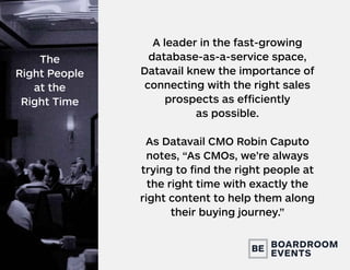 A leader in the fast-growing
database-as-a-service space,
Datavail knew the importance of
connecting with the right sales
prospects as efficiently
as possible.
As Datavail CMO Robin Caputo
notes, “As CMOs, we’re always
trying to find the right people at
the right time with exactly the
right content to help them along
their buying journey.”
The
Right People
at the
Right Time
boardroom
eventsBE
 