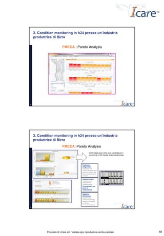 2. Condition monitoring in h24 presso un’industria
     produttrice di Birra

                           FMECA : Pareto Analysis




34




     2. Condition monitoring in h24 presso un’industria
     produttrice di Birra
                           FMECA: Pareto Analysis
                                                         Il 20% degli asset critici sono candidati per il
                                                         monitoring in h24 tramite analisi vibrazionale




                                               Predictive
                                               Diagnostics
                                               Diagnostic rich
                                               trends, waveform and
                                               spectrum data to get
                                               to the route cause of
                                               the fault

                                               Vibration Alarm
                                               Instantaneous
                                               notification of
                                               vibration alerts
                                               24 parameters per
                                               point of
                                               measurement

                                               Adaptive
                                               Monitoring
                                               Adjustment of
                                               monitoring strategy
                                               based on changing
                                               conditions
                                               (i.e. load or speed)
35




             Proprietà di I-Care srl- Vietata ogni riproduzione anche parziale                              18
 