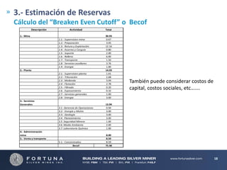 3.- Estimación de Reservas
Cálculo del “Breaken Even Cutoff” o Becof
Descripción

Actividad

1.- Mina

Total

2.1.- Supervision planta
2.2.- Trituración
2.3.- Molienda
2.4.- Flotación
2.5.- Filtrado
2.6.- Espesamiento
2.7.- Servicios generales
2.8.- Energia

30.93
0.67
3.05
12.16
0.80
2.00
6.00
1.50
3.76
1.00
14.03
1.01
2.68
3.04
2.78
0.20
0.32
1.00
3.00

3.1.-Gerencia de Operaciones
3.2.- Energía y Matto
3.3.- Geología
3.4. Planeamiento
3.5. Seguridad Minera
3.6. Medio Ambiente
3.7. Laboratorio Químico

13.94
0.94
3.00
3.00
3.00
1.00
2.00
1.00

5.1.- Concentrados
Becof

8.00
8.59
8.59
75.48

1.1.- Supervision mina
1.2.- Preparación
1.3.- Rotura y Explotación
1.4.- Acarreo y Carguio
1.5.- Soporte
1.6.- Relleno
1.7.- Transporte
1.8.- Servicios auxiliares
1.9.- Energia
2.- Planta

3.- Servicios
Generales

4.- Administración
mina
5.- Venta y transporte

También puede considerar costos de
capital, costos sociales, etc…….

18

 