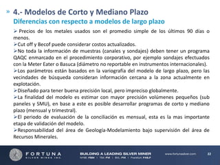 4.- Modelos de Corto y Mediano Plazo
Diferencias con respecto a modelos de largo plazo
 Precios de los metales usados son el promedio simple de los últimos 90 días o
menos.
Cut off y Becof puede considerar costos actualizados.
No toda la información de muestras (canales y sondajes) deben tener un programa
QAQC enmarcado en el procedimiento corporativo, por ejemplo sondajes efectuados
con la Meter Eater o Basuca (diámetro no reportable en instrumentos internacionales).
Los parámetros están basados en la variografía del modelo de largo plazo, pero las
vecindades de búsqueda consideran información cercana a la zona actualmente en
explotación.
Diseñado para tener buena precisión local, pero impreciso globalmente.
La finalidad del modelo es estimar con mayor precisión volúmenes pequeños (sub
paneles y SMU), en base a este es posible desarrollar programas de corto y mediano
plazo (mensual y trimestral).
El periodo de evaluación de la conciliación es mensual, esta es la mas importante
etapa de validación del modelo.
Responsabilidad del área de Geología-Modelamiento bajo supervisión del área de
Recursos Minerales.
22

 