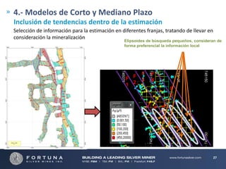 4.- Modelos de Corto y Mediano Plazo
Inclusión de tendencias dentro de la estimación
Selección de información para la estimación en diferentes franjas, tratando de llevar en
consideración la mineralización

Elipsoides de búsqueda pequeños, consideran de
forma preferencial la información local

F F
1 2

F
3

F
4
F
5

27

 