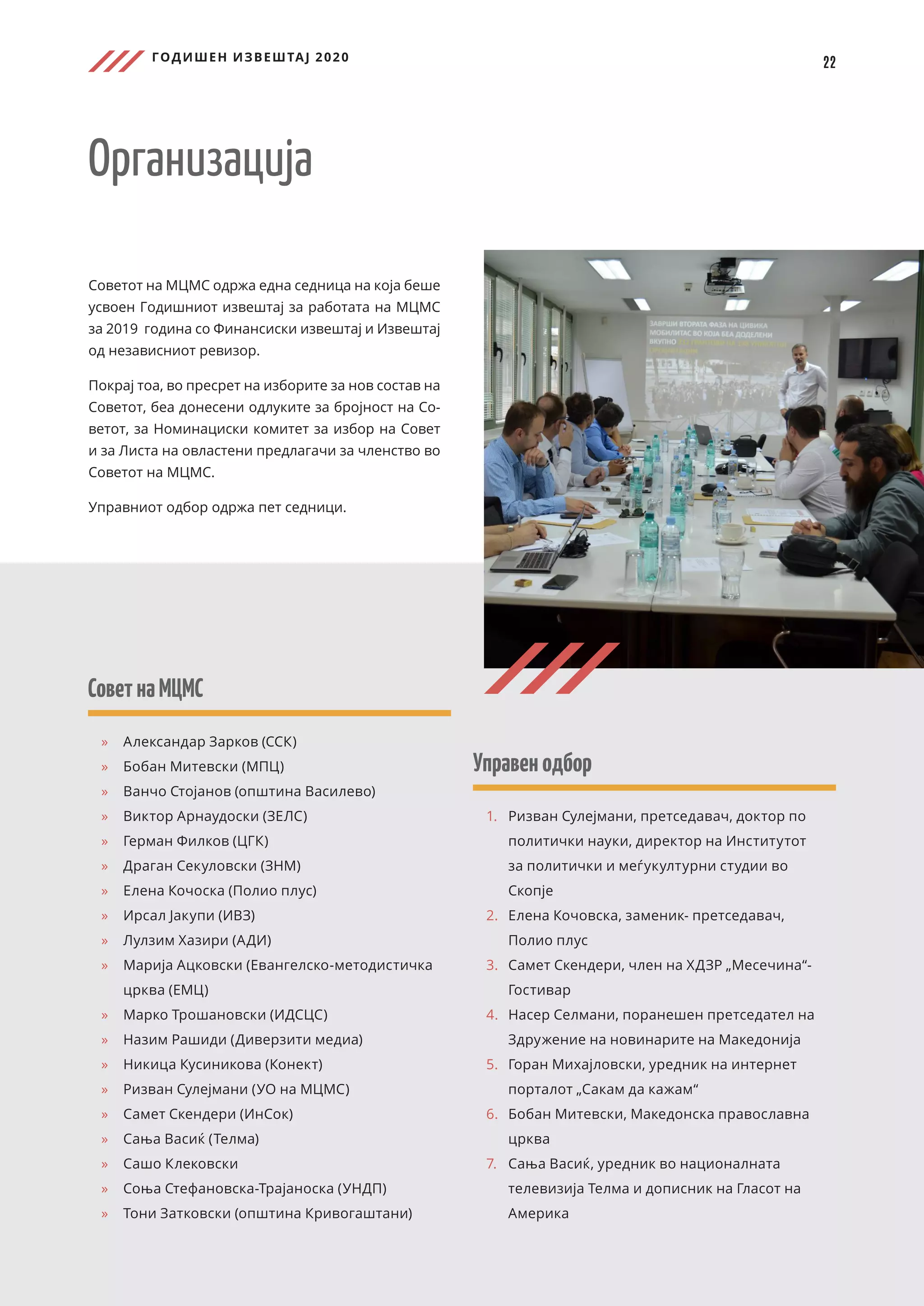 ГОДИШЕН ИЗВЕШТАЈ 2020
22
СоветнаМЦМС
	
» 	
Александар Зарков (ССК)
	
» Бобан Митевски (МПЦ)
	
» 	
Ванчо Стојанов (општина Василево)
	
» 	
Виктор Арнаудоски (ЗЕЛС)
	
» 	
Герман Филков (ЦГК)
	
» 	
Драган Секуловски (ЗНМ)
	
» 	
Елена Кочоска (Полио плус)
	
» 	
Ирсал Јакупи (ИВЗ)
	
» 	
Лулзим Хазири (АДИ)
	
» 	
Марија Ацковски (Евангелско-методистичка
црква (ЕМЦ)
	
» 	
Марко Трошановски (ИДСЦС)
	
» 	
Назим Рашиди (Диверзити медиа)
	
» Никица Кусиникова (Конект)
	
» 	
Ризван Сулејмани (УО на МЦМС)
	
» 	
Самет Скендери (ИнСок)
	
» 	
Сања Васиќ (Телма)
	
» 	
Сашо Клековски
	
» 	
Соња Стефановска-Трајаноска (УНДП)
	
» 	
Тони Затковски (општина Кривогаштани)
Организација
Советот на МЦМС одржа една седница на која беше
усвоен Годишниот извештај за работата на МЦМС
за 2019 година со Финансиски извештај и Извештај
од независниот ревизор.
Покрај тоа, во пресрет на изборите за нов состав на
Советот, беа донесени одлуките за бројност на Со-
ветот, за Номинациски комитет за избор на Совет
и за Листа на овластени предлагачи за членство во
Советот на МЦМС.
Управниот одбор одржа пет седници.
Управенодбор
1.	 	
Ризван Сулејмани, претседавач, доктор по
политички науки, директор на Институтот
за политички и меѓукултурни студии во
Скопје
2.	 	
Елена Кочовска, заменик- претседавач,
Полио плус
3.	 Самет Скендери, член на ХДЗР „Месечина“-
Гостивар
4.	 Насер Селмани, поранешен претседател на
Здружение на новинарите на Македонија
5.	 Горан Михајловски, уредник на интернет
порталот „Сакам да кажам“
6.	 Бобан Митевски, Македонска православна
црква
7.	 Сања Васиќ, уредник во националната
телевизија Телма и дописник на Гласот на
Америка
 