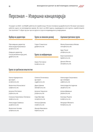 23 МАКЕДОНСКИ ЦЕНТАР ЗА МЕЃ УНАРОДНА СОРАБОТК А
Персонал – Извршна канцеларија
На крајот на 2020 г. во МЦМС работеа 22 соработници. Речиси половина од вработените (10) имаат засновано
работен однос на неопределено време. Во текот на 2020 година, индивидуално или групно, соработниците
тие посетиле 11 обуки од кои три за групно и осум за индивидуално усовршување.
Емина Нурединоска
(до март)	
enr@mcms.mk
Валентина Атанасовска	
vat@mcms.mk
Јасмина Ристовска	
jrs@mcms.mk
Снежана Камиловска Трповска	
skt@mcms.mk
Александра Савевска	
asv@mcms.mk
Валентина Чичева	
vch@mcms.mk
Симона Огненовска
(до март)	
sog@mcms.mk
Дарко Димов	
ddm@mcms.mk
Јасмина Чаушоска
jch@mcms.mk
Сара Мустафа
sms@mcms.mk
Наташа Димова	
niv@mcms.mk
Фанија Ивановска	
fiv@mcms.mk
Александра Сиљановска
(до ноември)	
asl@mcms.mk
Александар Костадинов
aks@mcms.mk
Јелмаз Дервиши
jdr@mcms.mk
Блинера Реџепи
brd@mcms.mk
Флоријан Мехмети
fmh@mcms.mk
Одборнадиректори
Прв извршен директор	
Александар Кржаловски	
akr@mcms.mk
Извршен директор	
Гонце Јаковлеска (до јули)	
gjk@mcms.mk
Групазалокаленразвој
Горан Стаматоски
gst@mcms.mk
Групазаинформации
Борис Ристовски	
brs@mcms.mk
Административнагрупа	
Милка Божиновска Миова	
mmv@mcms.mk
Адис Рахиќ	
arh@mcms.mk
Борче Јакимовски	
bjk@mcms.mk
Данило Митов	
dmv@mcms.mk
Групазаграѓанскоопштество
 
