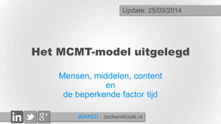 #SMSZI - JochemKoole.nl
Het MCMT-model uitgelegd
Mensen, content, middelen
en
de beperkende factor tijd
Update: 03/05/2014
 
