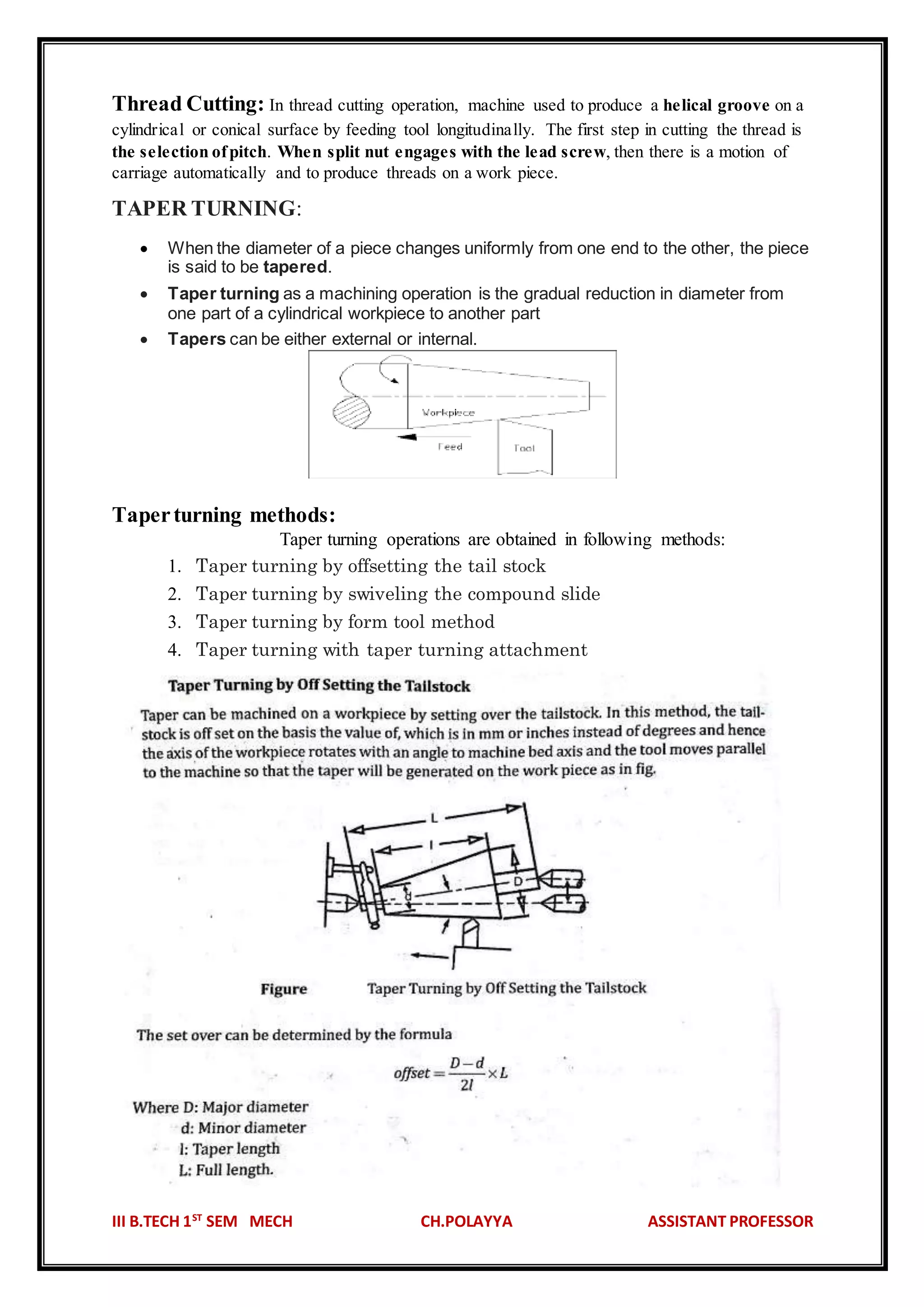 Turning Lathe Machine Notes.pdf LATHE MACHINE NOTES BY POLAYYA CHINTADA | DOCX