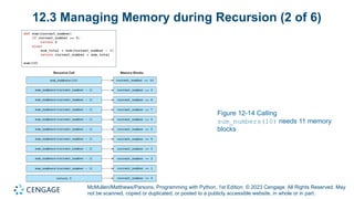 McMullen/Matthews/Parsons, Programming with Python, 1st Edition. © 2023 Cengage. All Rights Reserved. May
not be scanned, copied or duplicated, or posted to a publicly accessible website, in whole or in part.
12.3 Managing Memory during Recursion (2 of 6)
Figure 12-14 Calling
sum_numbers(10) needs 11 memory
blocks
 