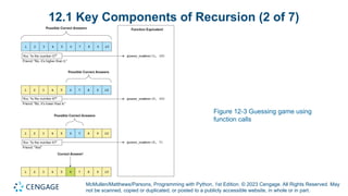 McMullen/Matthews/Parsons, Programming with Python, 1st Edition. © 2023 Cengage. All Rights Reserved. May
not be scanned, copied or duplicated, or posted to a publicly accessible website, in whole or in part.
12.1 Key Components of Recursion (2 of 7)
Figure 12-3 Guessing game using
function calls
 