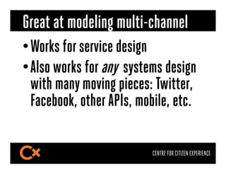 Great at modeling multi-channel
• Works for service design
• Also works for any systems design
  with many moving pieces: ...