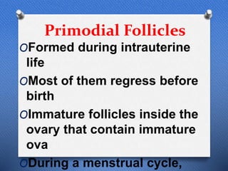 Primodial Follicles
OFormed during intrauterine
life
OMost of them regress before
birth
OImmature follicles inside the
ovary that contain immature
ova
ODuring a menstrual cycle,
 
