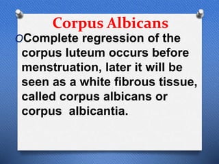 Corpus Albicans
OComplete regression of the
corpus luteum occurs before
menstruation, later it will be
seen as a white fibrous tissue,
called corpus albicans or
corpus albicantia.
 