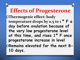 Effects of Progesterone
OThermogenic effect: body
temperature drops by 0.5 to 1 º F a
day before ovulation because of
the very low progesterone level
at this time, and rises 1º F once
progesterone increase in level
ORemains elevated for the next 8-
10 days.
 