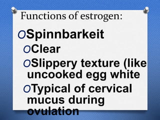Functions of estrogen:
OSpinnbarkeit
OClear
OSlippery texture (like
uncooked egg white
OTypical of cervical
mucus during
ovulation
 