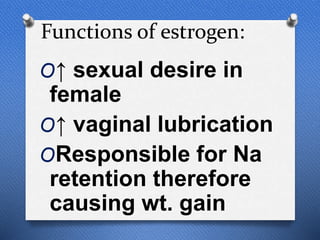 Functions of estrogen:
O↑ sexual desire in
female
O↑ vaginal lubrication
OResponsible for Na
retention therefore
causing wt. gain
 