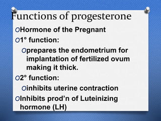 Functions of progesterone
OHormone of the Pregnant
O1° function:
Oprepares the endometrium for
implantation of fertilized ovum
making it thick.
O2° function:
Oinhibits uterine contraction
OInhibits prod’n of Luteinizing
hormone (LH)
 