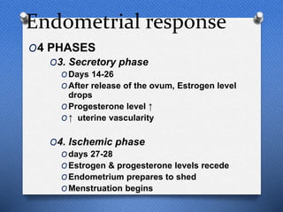Endometrial response
O4 PHASES
O3. Secretory phase
O Days 14-26
O After release of the ovum, Estrogen level
drops
O Progesterone level ↑
O ↑ uterine vascularity
O4. Ischemic phase
O days 27-28
O Estrogen & progesterone levels recede
O Endometrium prepares to shed
O Menstruation begins
 