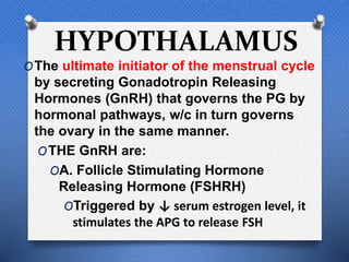 HYPOTHALAMUS
OThe ultimate initiator of the menstrual cycle
by secreting Gonadotropin Releasing
Hormones (GnRH) that governs the PG by
hormonal pathways, w/c in turn governs
the ovary in the same manner.
OTHE GnRH are:
OA. Follicle Stimulating Hormone
Releasing Hormone (FSHRH)
OTriggered by ↓ serum estrogen level, it
stimulates the APG to release FSH
 