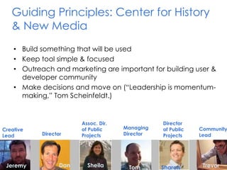 Guiding Principles: Center for History
& New Media
• Build something that will be used
• Keep tool simple & focused
• Outreach and marketing are important for building user &
developer community
• Make decisions and move on (“Leadership is momentum-
making,” Tom Scheinfeldt.)
Jeremy Dan Sheila Tom Sharon Trevor
Creative
Lead Director
Director
of Public
Projects
Community
Lead
Assoc. Dir.
of Public
Projects
Managing
Director
 