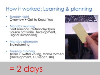 How it worked: Learning & planning
• Sunday night
Overview + Get-to-Know-You
• Monday morning
Brief seminars(Outreach/Open...