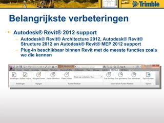 Belangrijkste verbeteringen
 Autodesk® Revit® 2012 support
  – Autodesk® Revit® Architecture 2012, Autodesk® Revit®
    Structure 2012 en Autodesk® Revit® MEP 2012 support
  – Plug-in beschikbaar binnen Revit met de meeste functies zoals
    we die kennen
 