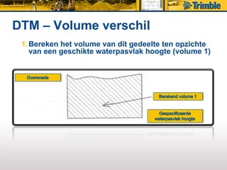 DTM – Volume verschil
 1. Bereken het volume van dit gedeelte ten opzichte
    van een geschikte waterpasvlak hoogte (volume 1)
 