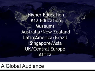 Higher Education
             K12 Education
               Museums
        Australia/New Zealand
         Latin America/Brazil
            Singapore/Asia
          UK/Central Europe
                Africa

A Global Audience
 