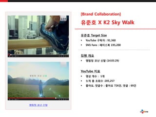 ??? ?? ??
[Brand Collaboration]
??? X K2 Sky Walk
??? Target Size
? YouTube ??? : 91,360
? SNS Fans : ???? 195,200
?? ??
? ??? ?? ?? (14.03.29)
YouTube ??
? ?? ?? : 1?
? ?? ? ??? :205,257
? ???, ??? : ??? 726?, ?? : 69?
 