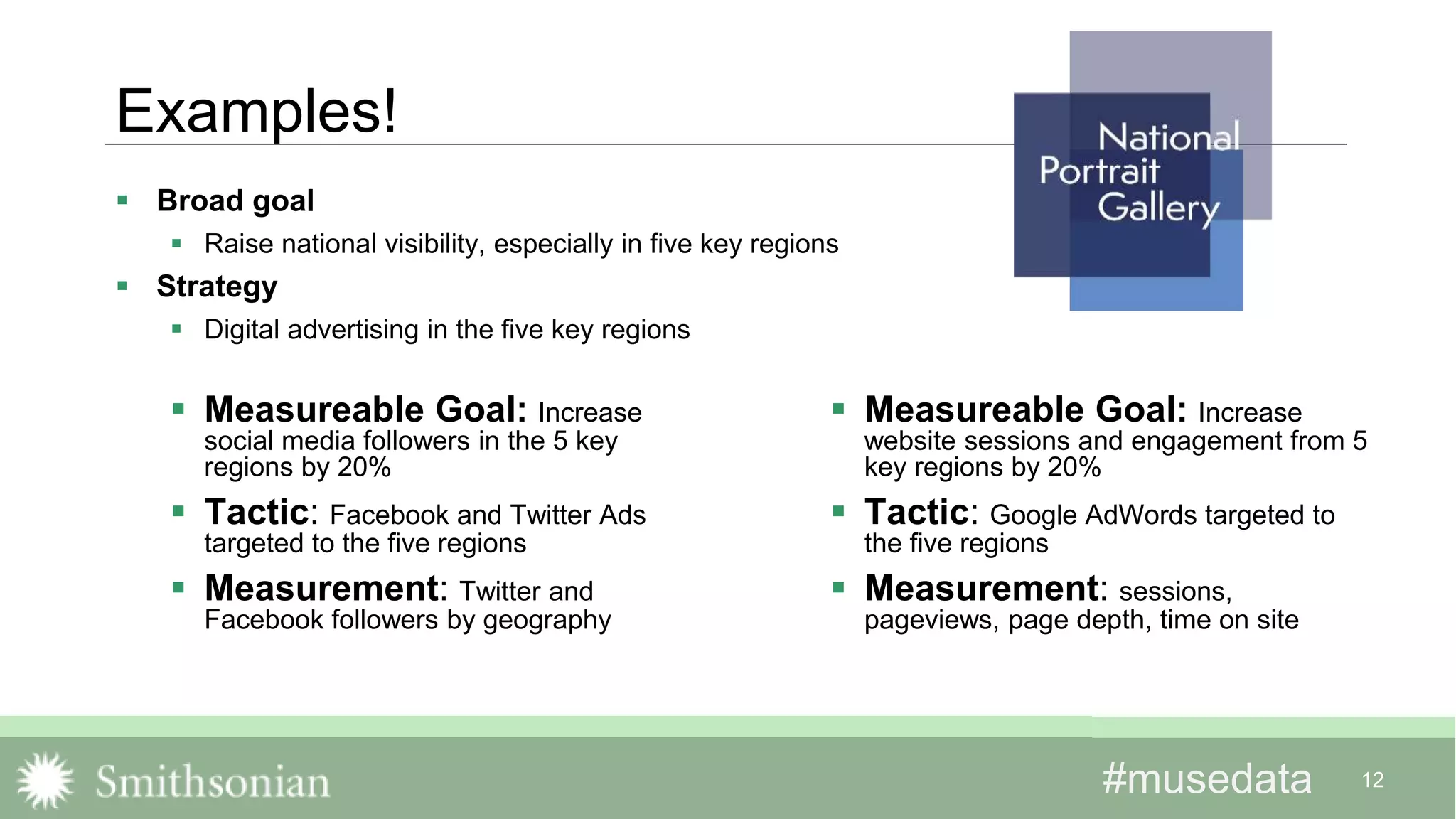 #musedata#musedata
Examples!
 Measureable Goal: Increase
social media followers in the 5 key
regions by 20%
 Tactic: Facebook and Twitter Ads
targeted to the five regions
 Measurement: Twitter and
Facebook followers by geography
 Measureable Goal: Increase
website sessions and engagement from 5
key regions by 20%
 Tactic: Google AdWords targeted to
the five regions
 Measurement: sessions,
pageviews, page depth, time on site
12
 Broad goal
 Raise national visibility, especially in five key regions
 Strategy
 Digital advertising in the five key regions
 