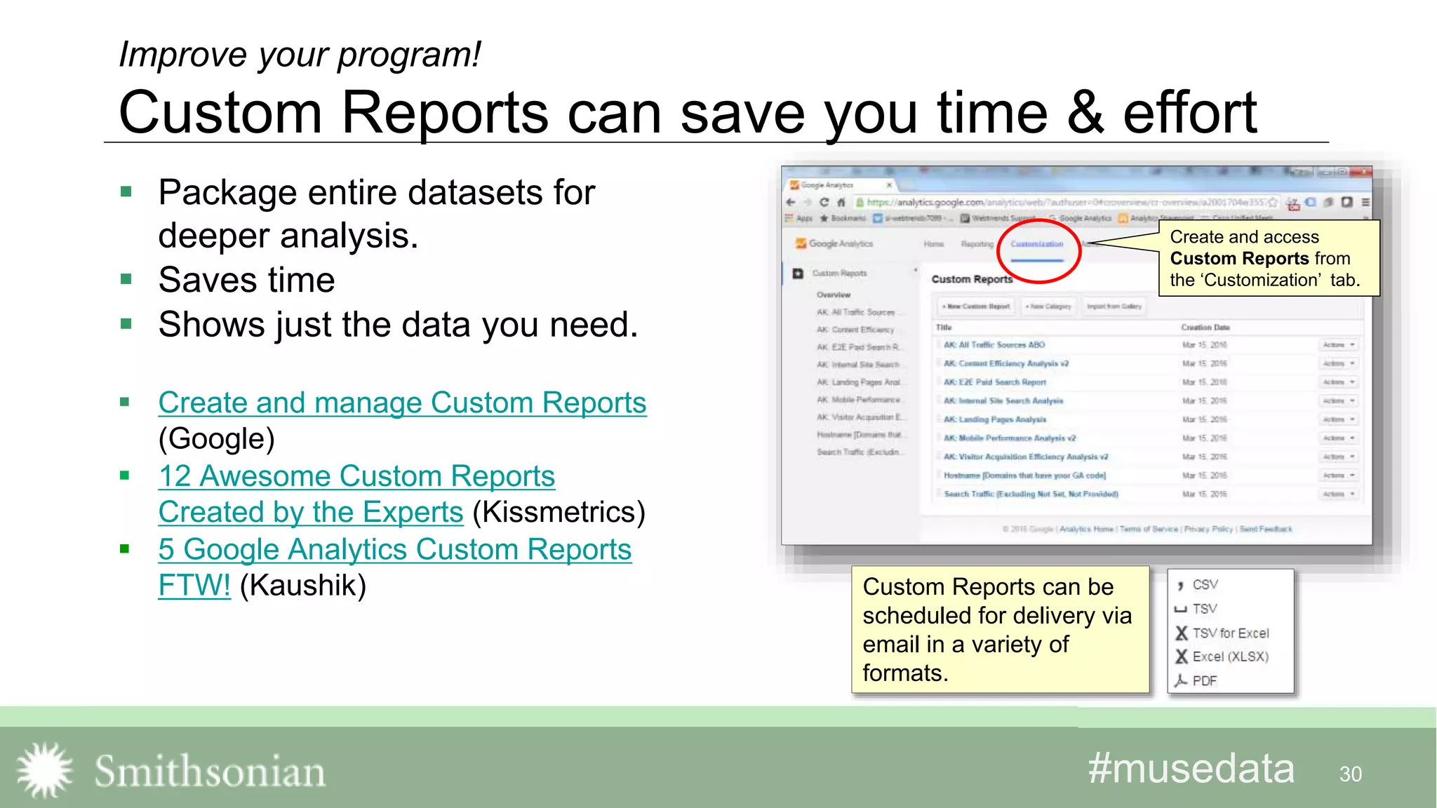 #musedata#musedata
 Package entire datasets for
deeper analysis.
 Saves time
 Shows just the data you need.
 Create and manage Custom Reports
(Google)
 12 Awesome Custom Reports
Created by the Experts (Kissmetrics)
 5 Google Analytics Custom Reports
FTW! (Kaushik)
30
Improve your program!
Custom Reports can save you time & effort
Create and access
Custom Reports from
the ‘Customization’ tab.
Custom Reports can be
scheduled for delivery via
email in a variety of
formats.
 