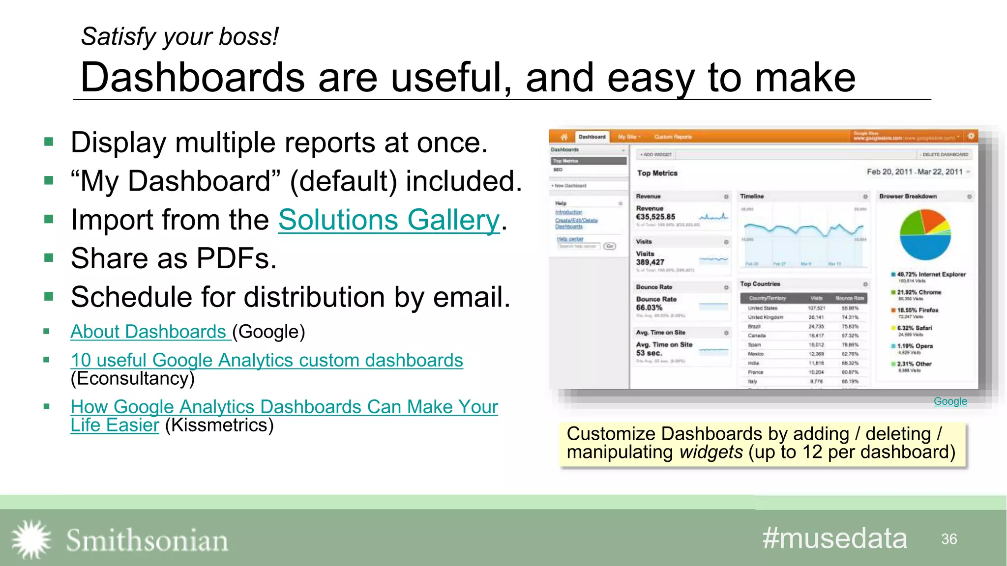 #musedata#musedata 36
Satisfy your boss!
Dashboards are useful, and easy to make
 Display multiple reports at once.
 “My Dashboard” (default) included.
 Import from the Solutions Gallery.
 Share as PDFs.
 Schedule for distribution by email.
 About Dashboards (Google)
 10 useful Google Analytics custom dashboards
(Econsultancy)
 How Google Analytics Dashboards Can Make Your
Life Easier (Kissmetrics) Customize Dashboards by adding / deleting /
manipulating widgets (up to 12 per dashboard)
Google
 