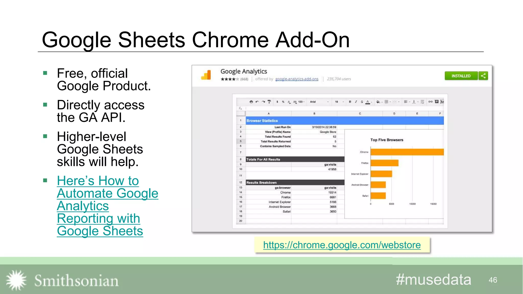 #musedata#musedata 46
Google Sheets Chrome Add-On
 Free, official
Google Product.
 Directly access
the GA API.
 Higher-level
Google Sheets
skills will help.
 Here’s How to
Automate Google
Analytics
Reporting with
Google Sheets
https://chrome.google.com/webstore
 