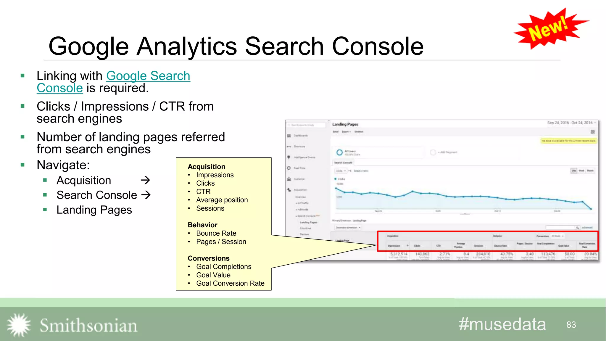 #musedata#musedata 83
Google Analytics Search Console
 Linking with Google Search
Console is required.
 Clicks / Impressions / CTR from
search engines
 Number of landing pages referred
from search engines
 Navigate:
 Acquisition 
 Search Console 
 Landing Pages
Acquisition
• Impressions
• Clicks
• CTR
• Average position
• Sessions
Behavior
• Bounce Rate
• Pages / Session
Conversions
• Goal Completions
• Goal Value
• Goal Conversion Rate
 