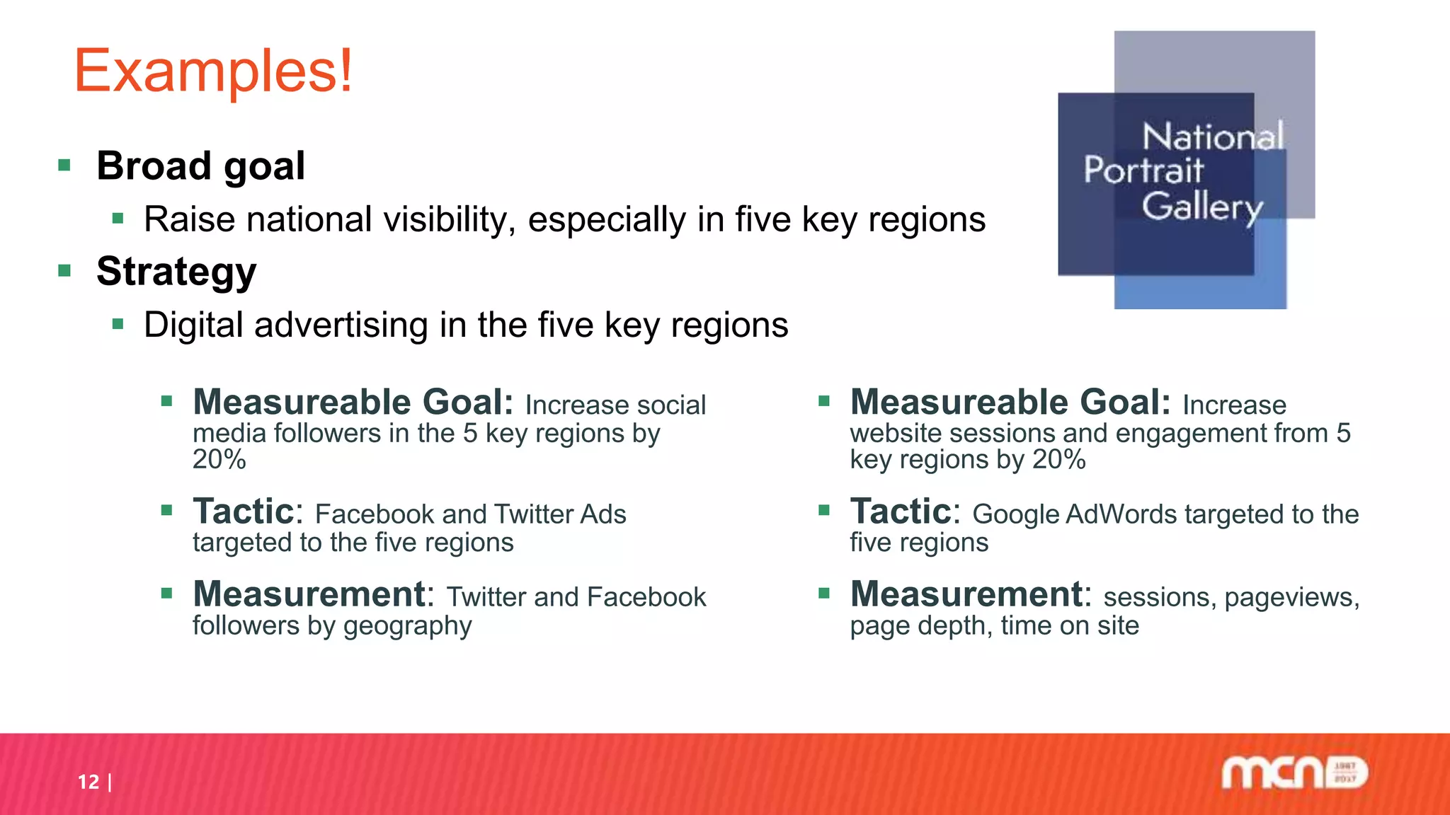 Examples!
 Measureable Goal: Increase social
media followers in the 5 key regions by
20%
 Tactic: Facebook and Twitter Ads
targeted to the five regions
 Measurement: Twitter and Facebook
followers by geography
 Measureable Goal: Increase
website sessions and engagement from 5
key regions by 20%
 Tactic: Google AdWords targeted to the
five regions
 Measurement: sessions, pageviews,
page depth, time on site
12
 Broad goal
 Raise national visibility, especially in five key regions
 Strategy
 Digital advertising in the five key regions
 
