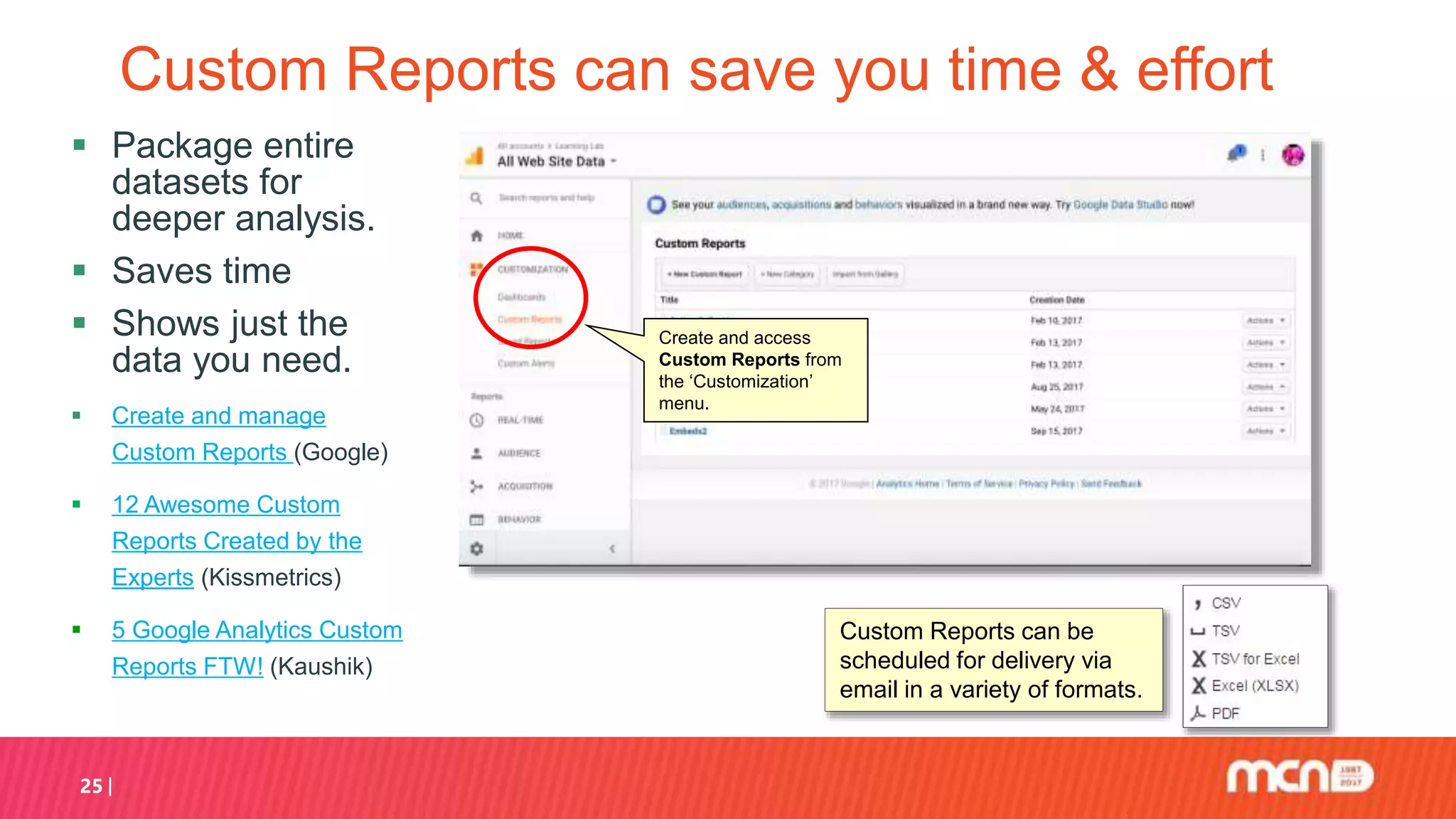  Package entire
datasets for
deeper analysis.
 Saves time
 Shows just the
data you need.
 Create and manage
Custom Reports (Google)
 12 Awesome Custom
Reports Created by the
Experts (Kissmetrics)
 5 Google Analytics Custom
Reports FTW! (Kaushik)
25
Custom Reports can save you time & effort
Create and access
Custom Reports from
the ‘Customization’
menu.
Custom Reports can be
scheduled for delivery via
email in a variety of formats.
 