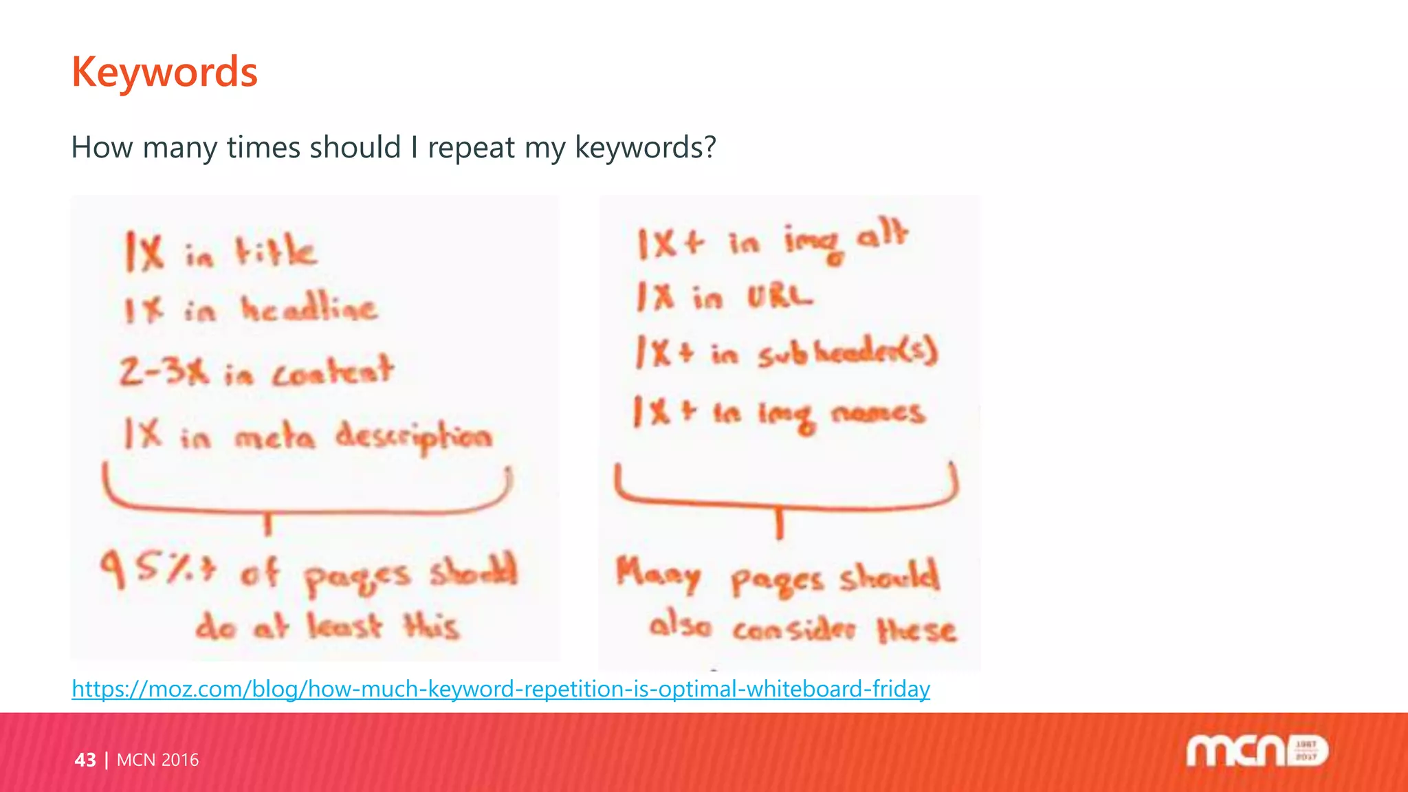 Keywords
MCN 201643
How many times should I repeat my keywords?
https://moz.com/blog/how-much-keyword-repetition-is-optimal-whiteboard-friday
 