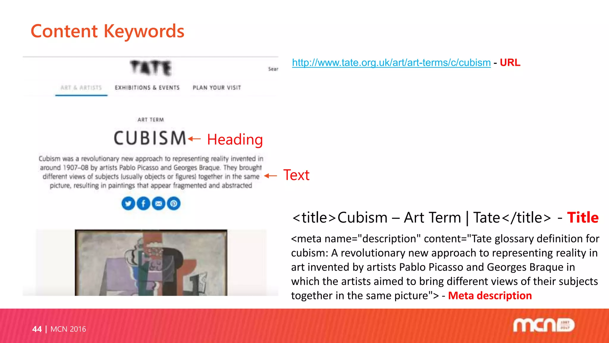 Content Keywords
MCN 201644
http://www.tate.org.uk/art/art-terms/c/cubism - URL
<meta name="description" content="Tate glossary definition for
cubism: A revolutionary new approach to representing reality in
art invented by artists Pablo Picasso and Georges Braque in
which the artists aimed to bring different views of their subjects
together in the same picture"> - Meta description
Heading
Text
<title>Cubism – Art Term | Tate</title> - Title
 