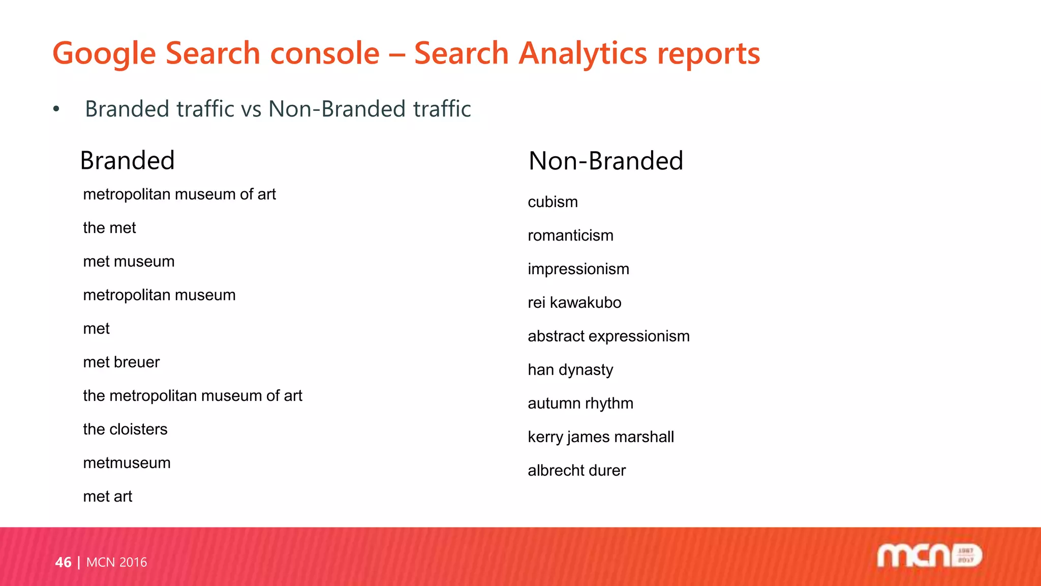 Google Search console – Search Analytics reports
MCN 201646
• Branded traffic vs Non-Branded traffic
metropolitan museum of art
the met
met museum
metropolitan museum
met
met breuer
the metropolitan museum of art
the cloisters
metmuseum
met art
cubism
romanticism
impressionism
rei kawakubo
abstract expressionism
han dynasty
autumn rhythm
kerry james marshall
albrecht durer
Branded Non-Branded
 