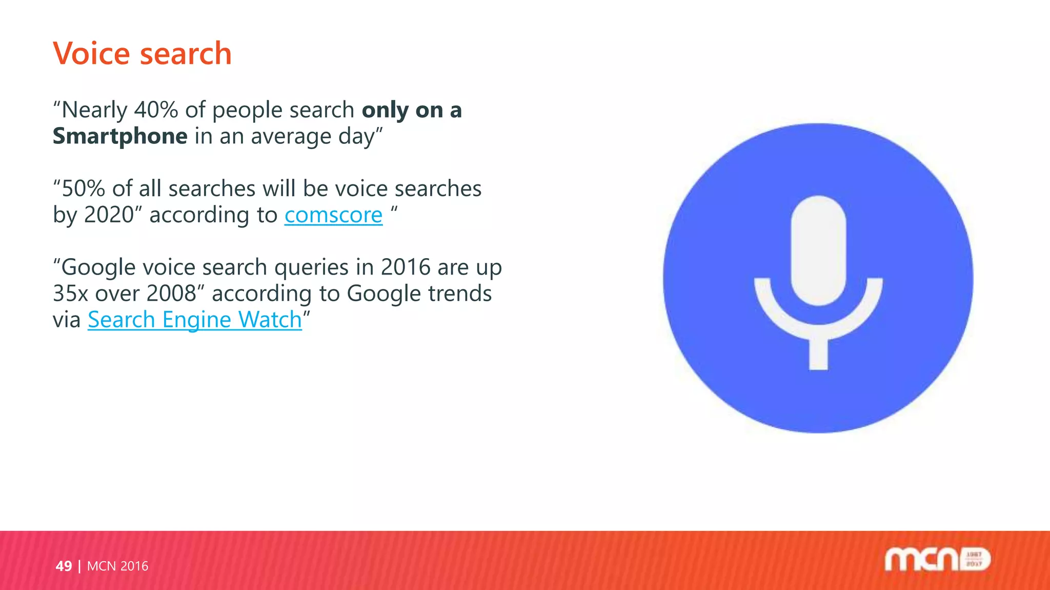 Voice search
MCN 201649
“Nearly 40% of people search only on a
Smartphone in an average day”
“50% of all searches will be voice searches
by 2020” according to comscore “
“Google voice search queries in 2016 are up
35x over 2008” according to Google trends
via Search Engine Watch”
 