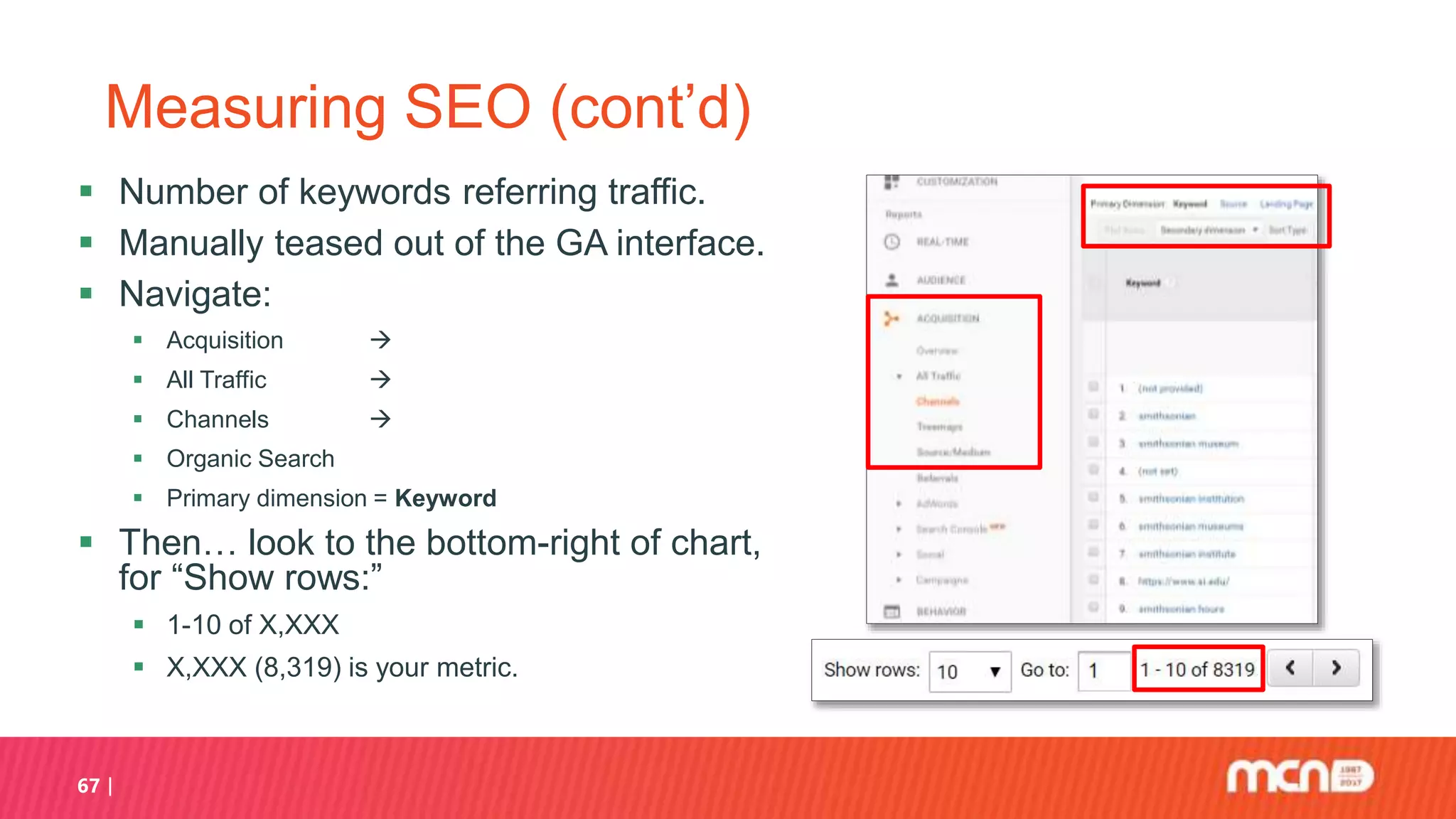 67
Measuring SEO (cont’d)
 Number of keywords referring traffic.
 Manually teased out of the GA interface.
 Navigate:
 Acquisition 
 All Traffic 
 Channels 
 Organic Search
 Primary dimension = Keyword
 Then… look to the bottom-right of chart,
for “Show rows:”
 1-10 of X,XXX
 X,XXX (8,319) is your metric.
 