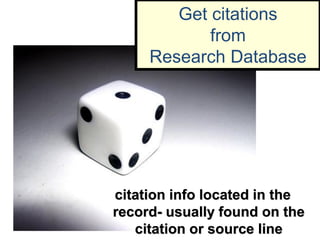 Get citations
            from
     Research Database




citation info located in the
record- usually found on the
   citation or source line
 